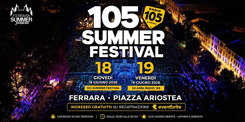 Evento 50° Compleanno Radio 105 Locandina 50° Compleanno Radio 105 - venerdì 19 giugno ore 18:00 - 23:45