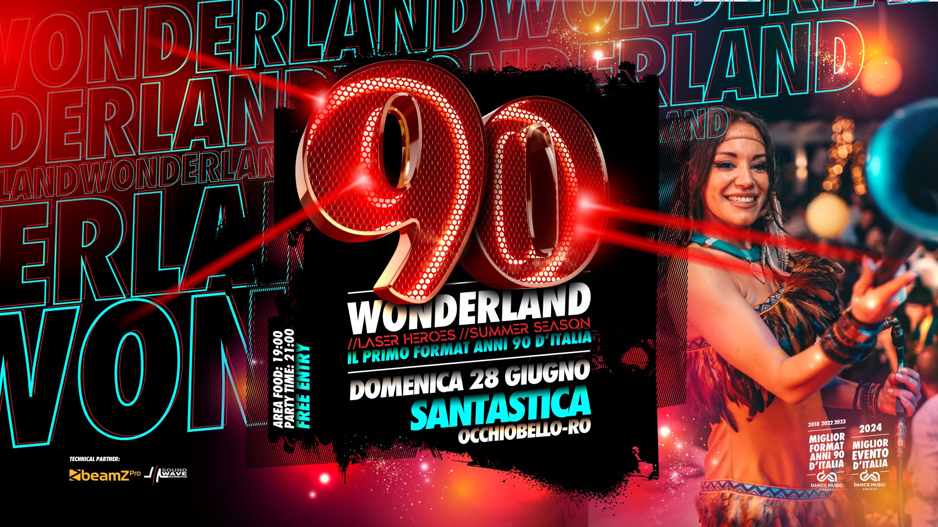 Evento 90 WONDERLAND – SANTASTICA – Occhiobello (Ro) LaserTour – Ingresso Gratuito Locandina 90 WONDERLAND – SANTASTICA – Occhiobello (Ro) LaserTour – Ingresso Gratuito - domenica 28 giugno ore 21:00 - 01:00