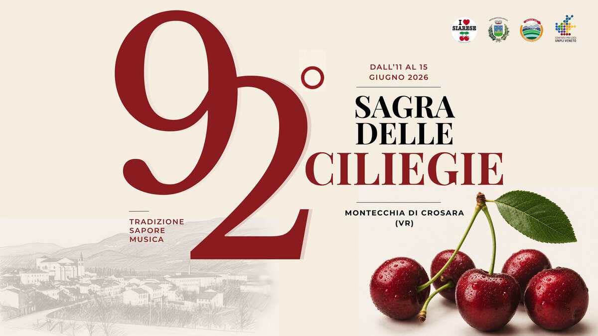 Potrebbe essere un'immagine raffigurante ‎ciliegie e ‎il seguente testo "‎BIARESE ا UMPLINDSETE 9 MUSICA DALL'11 AL DALL'11AL15 AL19 15 GIUGNO 2026 SAGRA DELLE CILIEGIE MONTECCHIA DI CROSARA TRADIZIONE (VR) SAPORE‎"‎‎