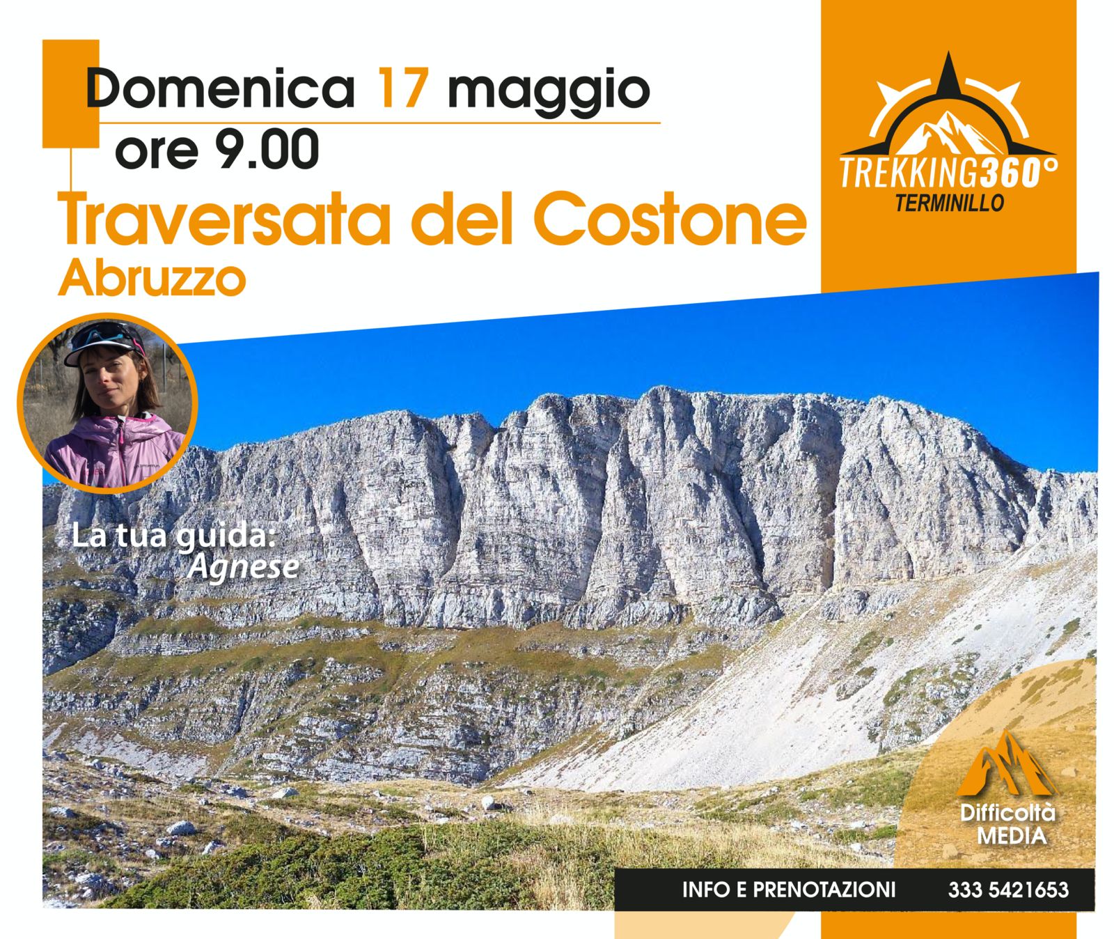 Abruzzo, la traversata del Costone Potrebbe essere un'immagine raffigurante il seguente testo "Domenica 17 maggio ore 9.00 Traversata del Costone Abruzzo لن TREKKING360° TERMINILLO La Latuaguida: atua tua guida: Agnese AL Difficoltà MEDIA INFO E PRENOTAZIONI 333 5421 5421653 653"
