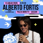 ALBERTO FORTIS – live Abbabula 2026 Potrebbe essere un contenuto di pop art raffigurante il seguente testo "8 BBX Bora Festival + 9 LUGLIO 2026 H 20:30 ALBERTO FORTIS OPENING ALESSANDRO AZARA PIAZZA MORETTI -SASSARI + + henoi ሥራኝ Mueo + +"