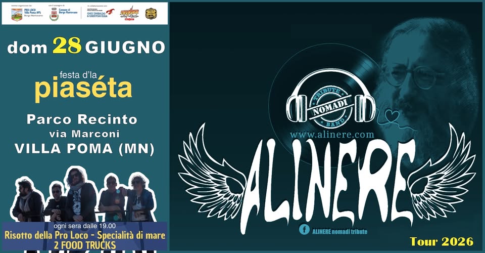 Evento ALINERE live Festa d’la Piaséta – Villa Poma (MN) Locandina ALINERE live Festa d’la Piaséta – Villa Poma (MN) - domenica 28 giugno ore 21:15 - 23:15