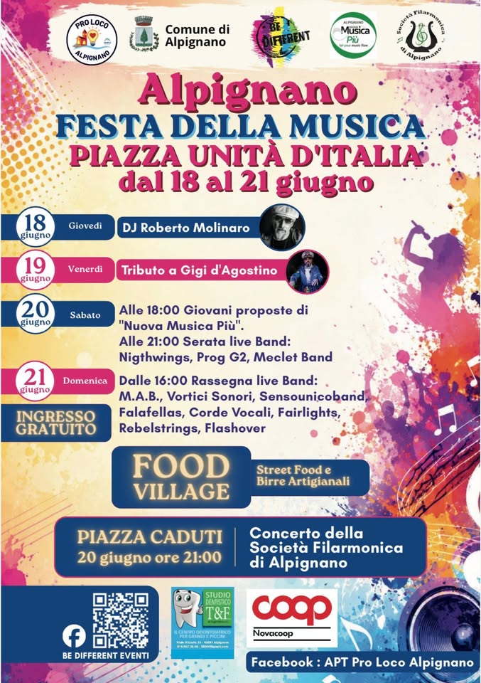 Evento ALPIGNANO (TO) 6º Festa della Musica Locandina ALPIGNANO (TO) 6º Festa della Musica - da giovedì 18 giugno - domenica 21 giugno 2026 ore 18:00 ore 23:59