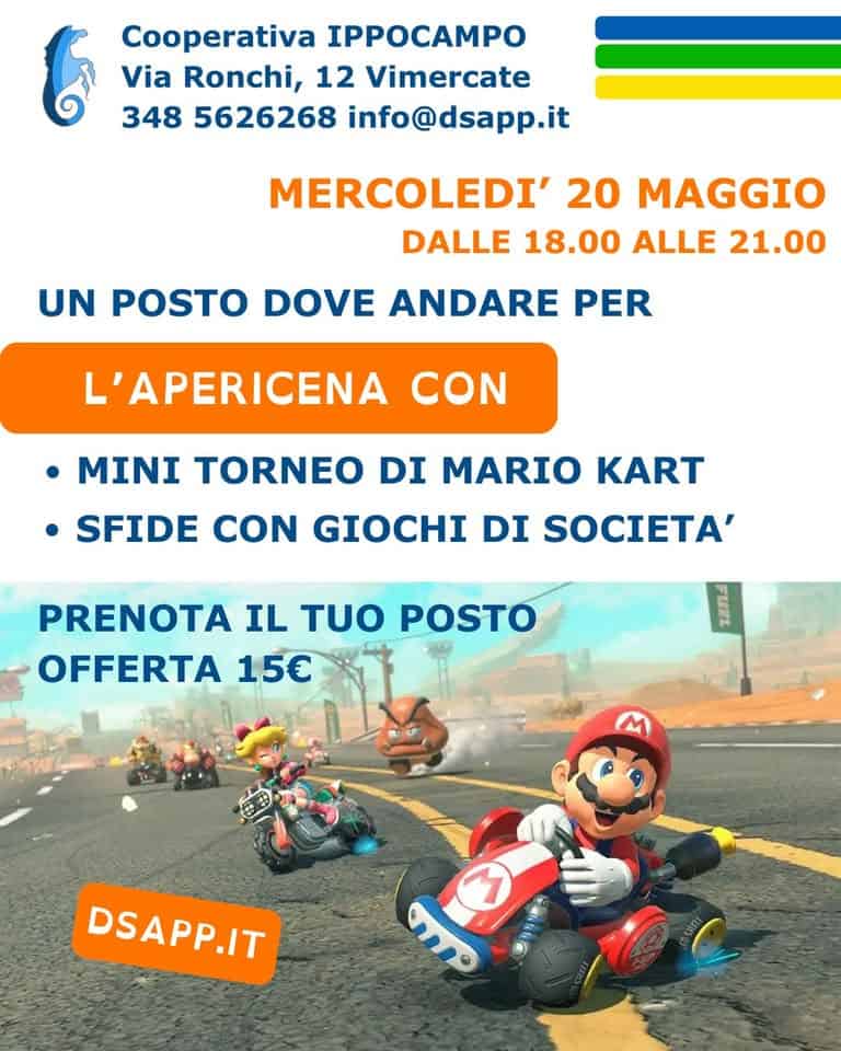 Evento Apericena con Mario Kart e non solo Locandina Apericena con Mario Kart e non solo - mercoledì 20 maggio ore 18:00 - 20:00
