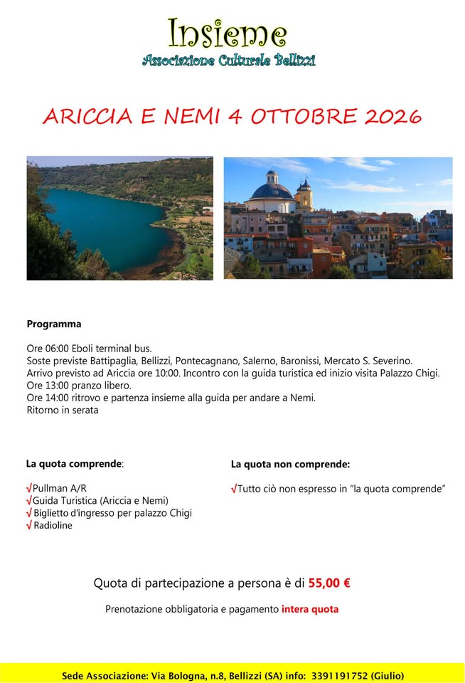 Evento Ariccia e Nemi 4 Ottobre 2026 Locandina Ariccia e Nemi 4 Ottobre 2026 - domenica 4 ottobre ore 06:00 - 22:00