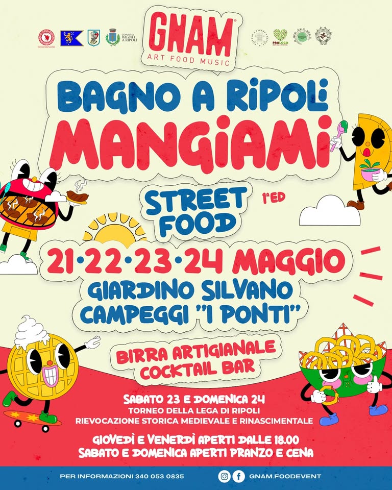 Evento Bagno A Ripoli Mangiami – Street Food 21 – 22 – 23 – 24 Maggio Bagno A Ripoli (Fi) Locandina Bagno A Ripoli Mangiami – Street Food 21 – 22 – 23 – 24 Maggio Bagno A Ripoli (Fi) - da giovedì 21 maggio - domenica 24 maggio 2026 ore 18:00 ore 23:45
