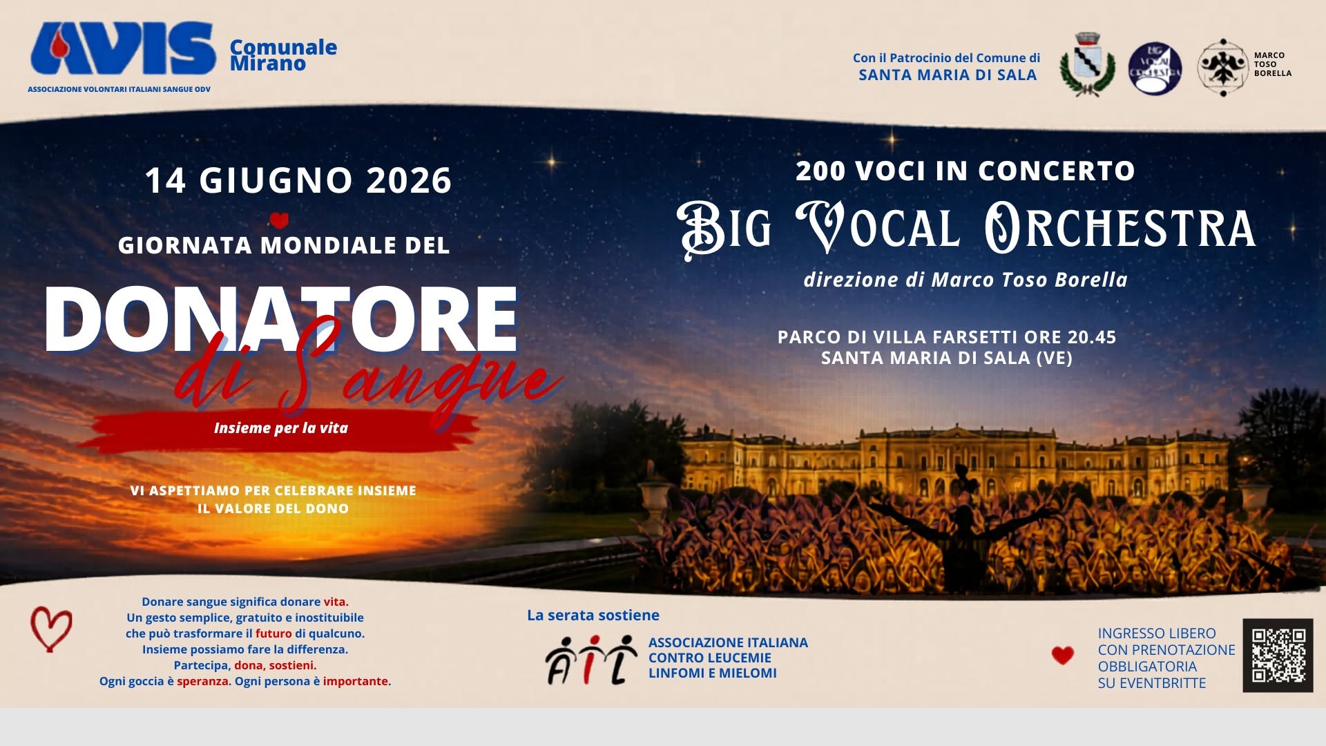 Evento Big Vocal Orchestra – Giornata Mondiale del Donatore di Sangue 2026 Locandina Big Vocal Orchestra – Giornata Mondiale del Donatore di Sangue 2026 - domenica 14 giugno ore 20:45 - 23:00