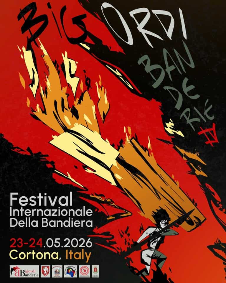Bigordi Banderie a Cortona Potrebbe essere un'immagine raffigurante il seguente testo "がドRフ 垃 Festival Internazionale مو Della Bandiera 23-24.05.2026 23-24. Cortona, Italy aBarie ذك Danderie igordi nGs"