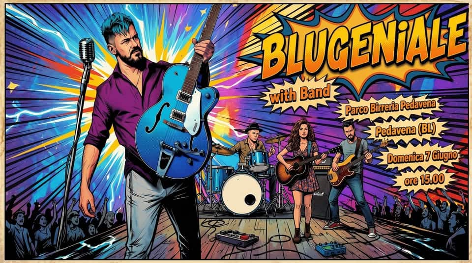 BLUGENIALE with Band – Parco Birreria Pedavena – Pedavena (BL) Potrebbe essere un contenuto di pop art raffigurante sassofono, chitarra e il seguente testo "់ល BLUGENIALE with Band Parco Birreria Pedavena = Pedavena (BL) ៍ בפיס-טסטסט أحدا Domenica Domenica7Giugno 7 Giugno ore15.00 ore 15.00"