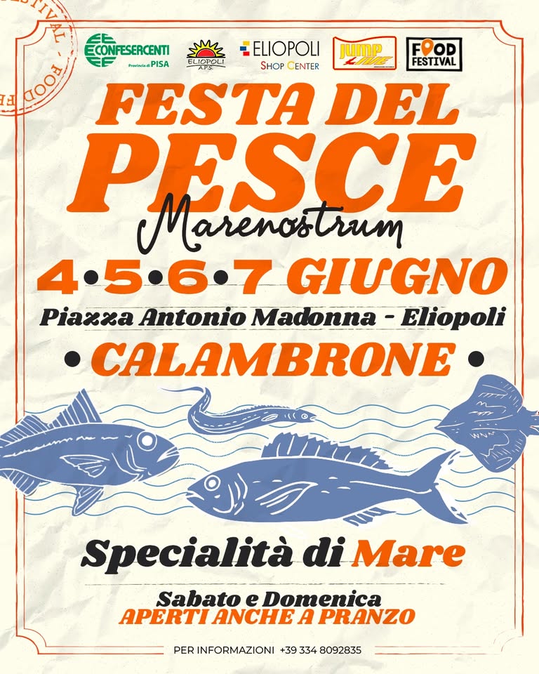 Evento Calambrone Festa Del Pesce 4 – 5 – 6 – 7 Giugno Locandina Calambrone Festa Del Pesce 4 – 5 – 6 – 7 Giugno - da giovedì 4 giugno - domenica 7 giugno 2026 ore 18:00 ore 23:30