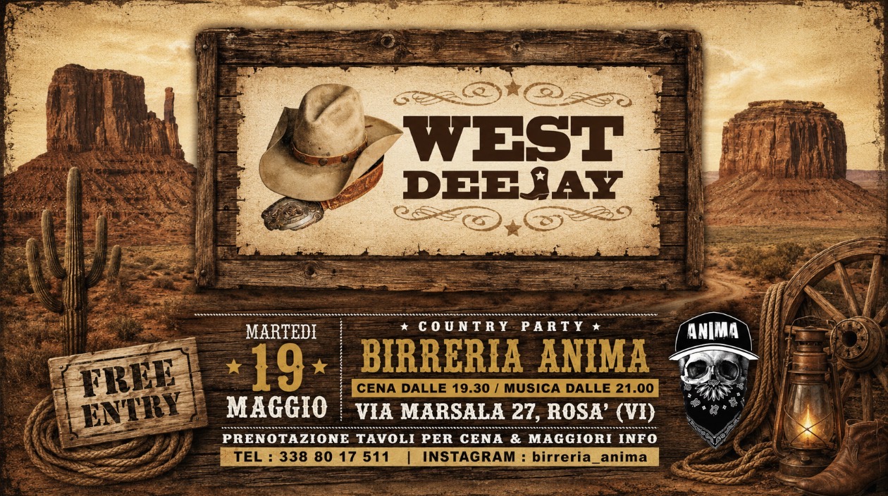 Evento Country Night @Anima(Cena Dj Set) Locandina Country Night @Anima(Cena Dj Set) - martedì 19 maggio ore 19:30 - 21:30