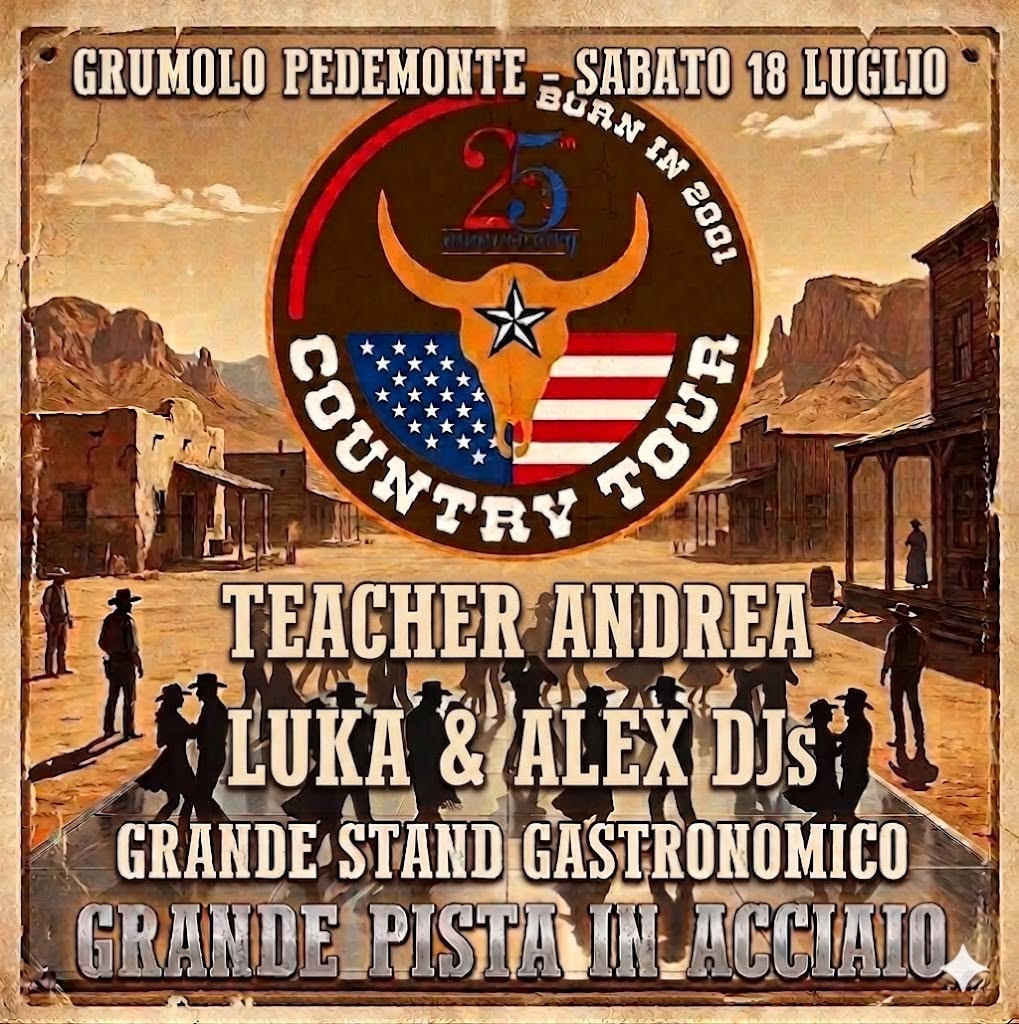 Evento Country Tour 2026 25° anno – Grumolo Pedemonte (VI) Locandina Country Tour 2026 25° anno – Grumolo Pedemonte (VI) - sabato 18 luglio ore 21:00 - 00:30