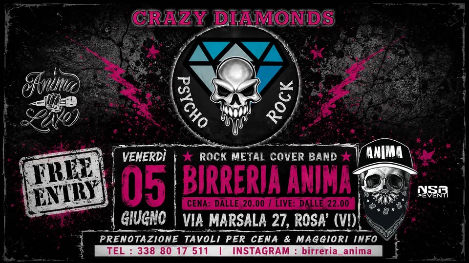 Evento Crazy Diamonds – Rock Metal Cover @ANIMA (Cena Live) Locandina Crazy Diamonds – Rock Metal Cover @ANIMA (Cena Live) - venerdì 5 giugno ore 21:45 - 23:45