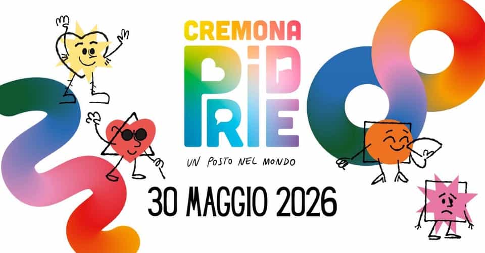 CREMONA PRIDE – 30 MAGGIO 2026 Potrebbe essere un disegno raffigurante il seguente testo "CREMONA IRIE RiE UN PoSTO NEL MONDO 30 MAGGIO 2026"