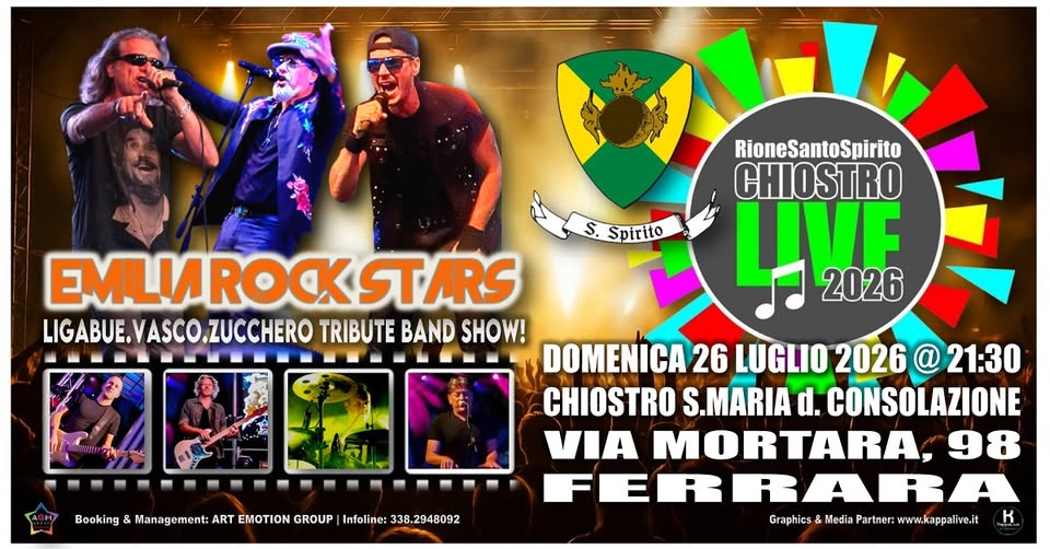 Evento Emilia Rock Stars Live – Ferrara 26 07 2026 Locandina Emilia Rock Stars Live – Ferrara 26 07 2026 - domenica 26 luglio ore 21:30 - 23:30