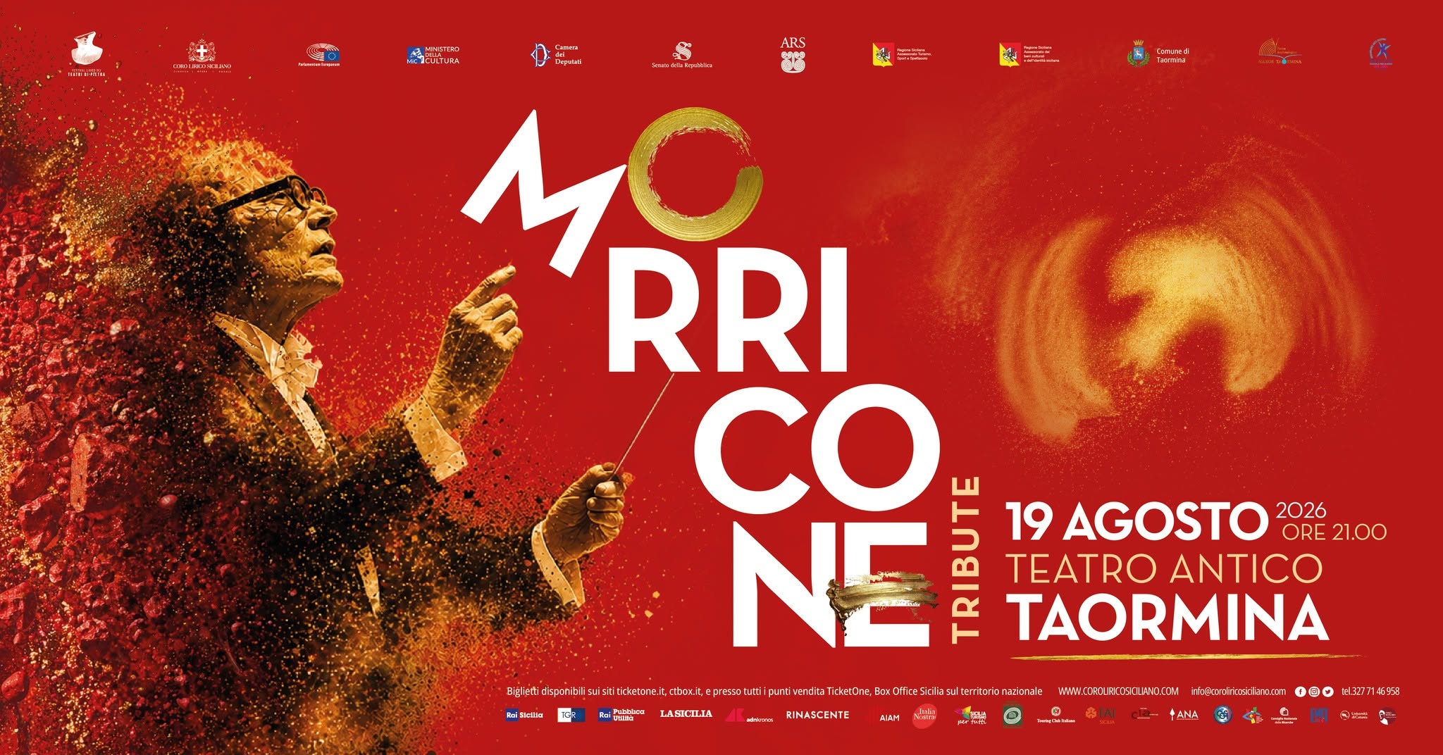 Evento ENNIO MORRICONE TRIBUTE al Teatro antico di Taormina – 19 Agosto 2026 – Note di Eternità Locandina ENNIO MORRICONE TRIBUTE al Teatro antico di Taormina – 19 Agosto 2026 – Note di Eternità - mercoledì 19 agosto ore 21:00 - 23:00