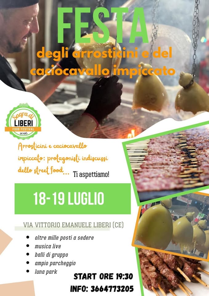 Evento festa degli arrosticini e del caciocavallo impiccato Locandina festa degli arrosticini e del caciocavallo impiccato - sabato 18 luglio ore 19:30 - 00:00