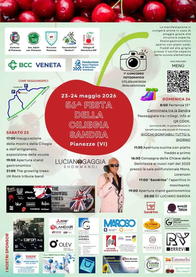 FESTA DELLA CILIEGIA SANDRA – PIANEZZE Potrebbe essere un contenuto grafico raffigurante ciliegie, mela e testo