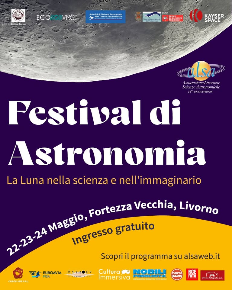 Evento Festival di Astronomia 22, 23, 24 Maggio 2026 – Ingresso gratuito Locandina Festival di Astronomia 22, 23, 24 Maggio 2026 – Ingresso gratuito - da venerdì 22 maggio - domenica 24 maggio 2026 ore 18:00 ore 23:45