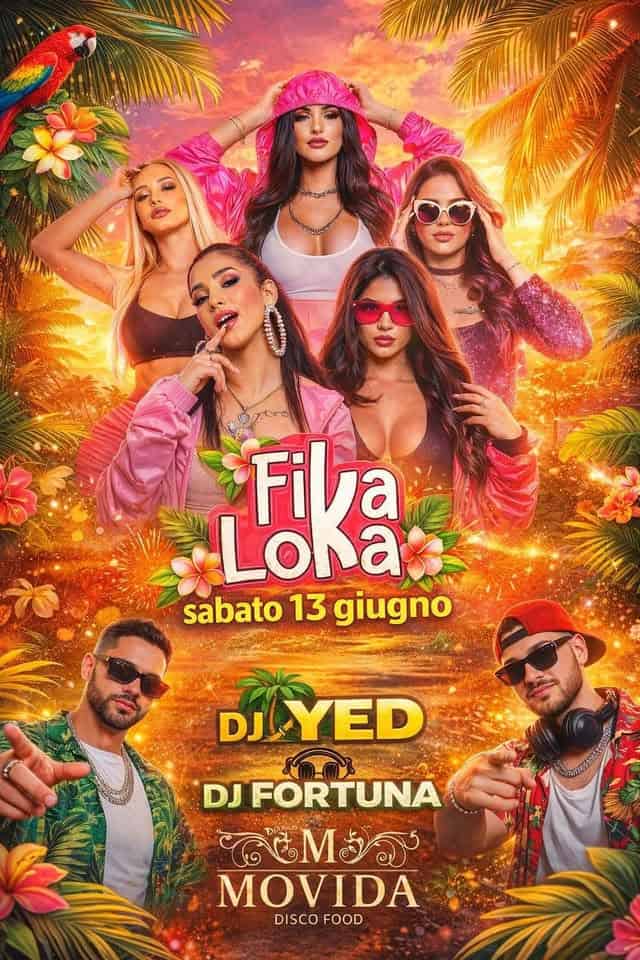 Potrebbe essere un'immagine raffigurante il seguente testo "Fila Lona sabato 13 giugno DJLYED DJ FORTUNA ढ' MOVIDA DISCOFOOD DISCO FOOD"
