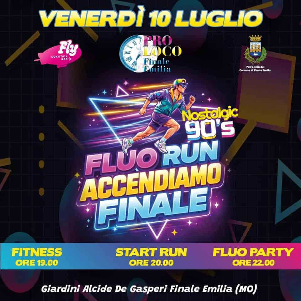 Potrebbe essere un'immagine raffigurante il seguente testo "coC COCKTAAиЖ VENERDÌ 10 LUGLIO PRO LOCO Finale Ie Fin Emilia TE nO Patrodeio CorunediFin Final unedFnaleCnli Ap Emila Nostalgic 90'5 S FLUO ACCENDIAMO FLUORUN RÚN ACENALE FINALE START RUN FLUO PARTY ORE ORE20.00 20.00 ORE22.00 FITNESS ORE 19.00 Giardini Alcide De Gasperi Finale Emilia (MO)"