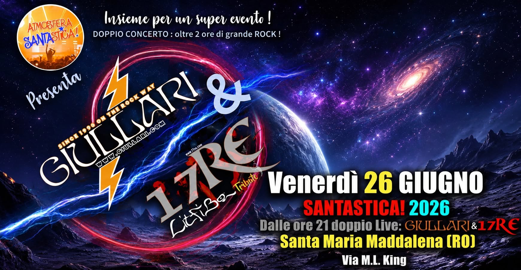 Evento Giullari & 17Re Live Santastica ’26 – S. Maria Maddalena (Ro) Locandina Giullari & 17Re Live Santastica ’26 – S. Maria Maddalena (Ro) - venerdì 26 giugno ore 21:30 - 23:30