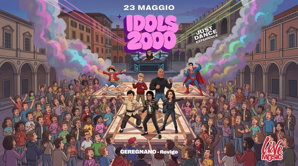 Potrebbe essere un'immagine raffigurante una o più persone e il seguente testo "23 MAGGIO IDOLS 3000 PANCE DANCE DAERIENCE EXPERIENCE JUST CEREGNANO Rovigo MUSIC LiNe FOR"