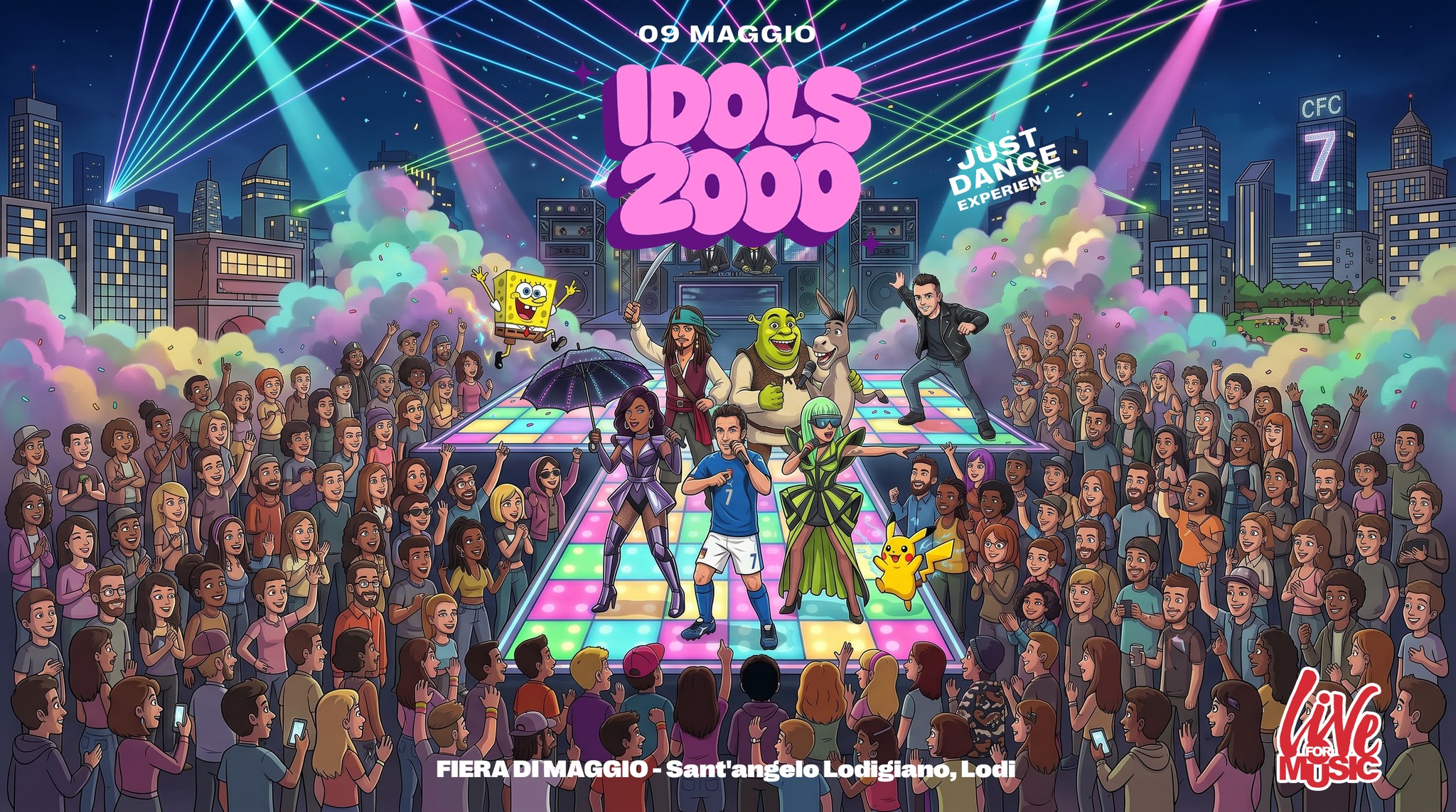 🎤✨ IDOLS 2000 – Sant’Angelo Lodigiano, Lodi ✨🎤 Potrebbe essere un contenuto di pop art raffigurante folla e testo