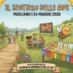 Il Sentiero delle Api – 2026 Potrebbe essere un disegno raffigurante il seguente testo "Comunedi Mogliano Asso Aeco Associazione azione Amipi Santa Croce IL SENTIERO DELLE API MOGLIANO I 24 MAGGIO 2026 Confraternita 5.5.Sacramento IL DELLEAPI API SENTIERO IN OCCASIONE DELLA GIORNATA MONDIALE DELLE API INGRESSO GRATUITO"