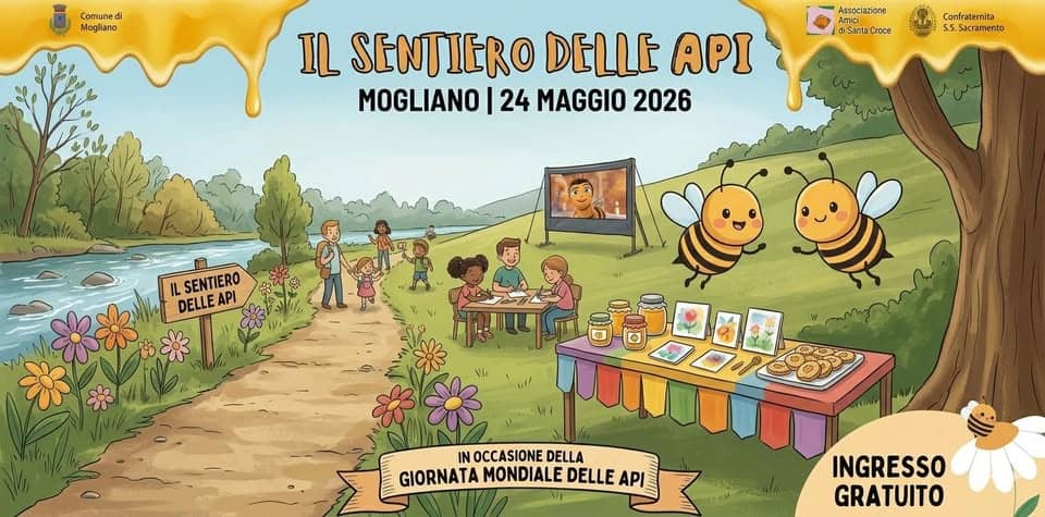 Il Sentiero delle Api – 2026 Potrebbe essere un disegno raffigurante il seguente testo "Comunedi Mogliano Asso Aeco Associazione azione Amipi Santa Croce IL SENTIERO DELLE API MOGLIANO I 24 MAGGIO 2026 Confraternita 5.5.Sacramento IL DELLEAPI API SENTIERO IN OCCASIONE DELLA GIORNATA MONDIALE DELLE API INGRESSO GRATUITO"