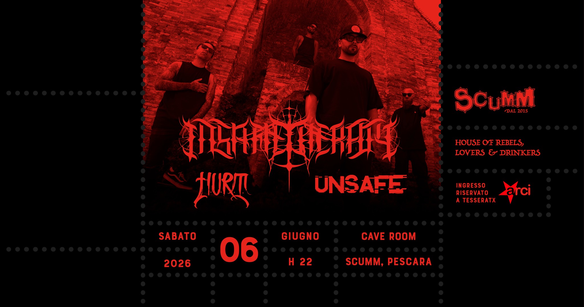 Evento Insane Therapy H.U.R.T. Unsafe live – Scumm Cave Room – Sab 06/06 Locandina Insane Therapy H.U.R.T. Unsafe live – Scumm Cave Room – Sab 06/06 - sabato 6 giugno ore 21:00 - 23:00