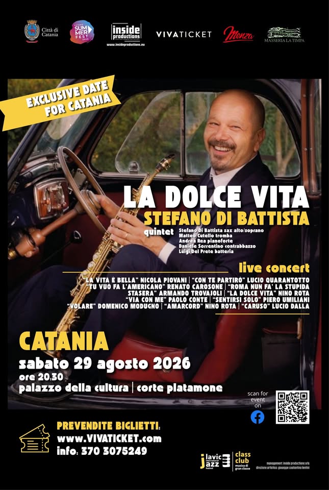 Evento La Dolce Vita Stefano Di Battista In Concert Tour ’26 Locandina La Dolce Vita Stefano Di Battista In Concert Tour ’26 - sabato 29 agosto ore 20:30 - 22:30