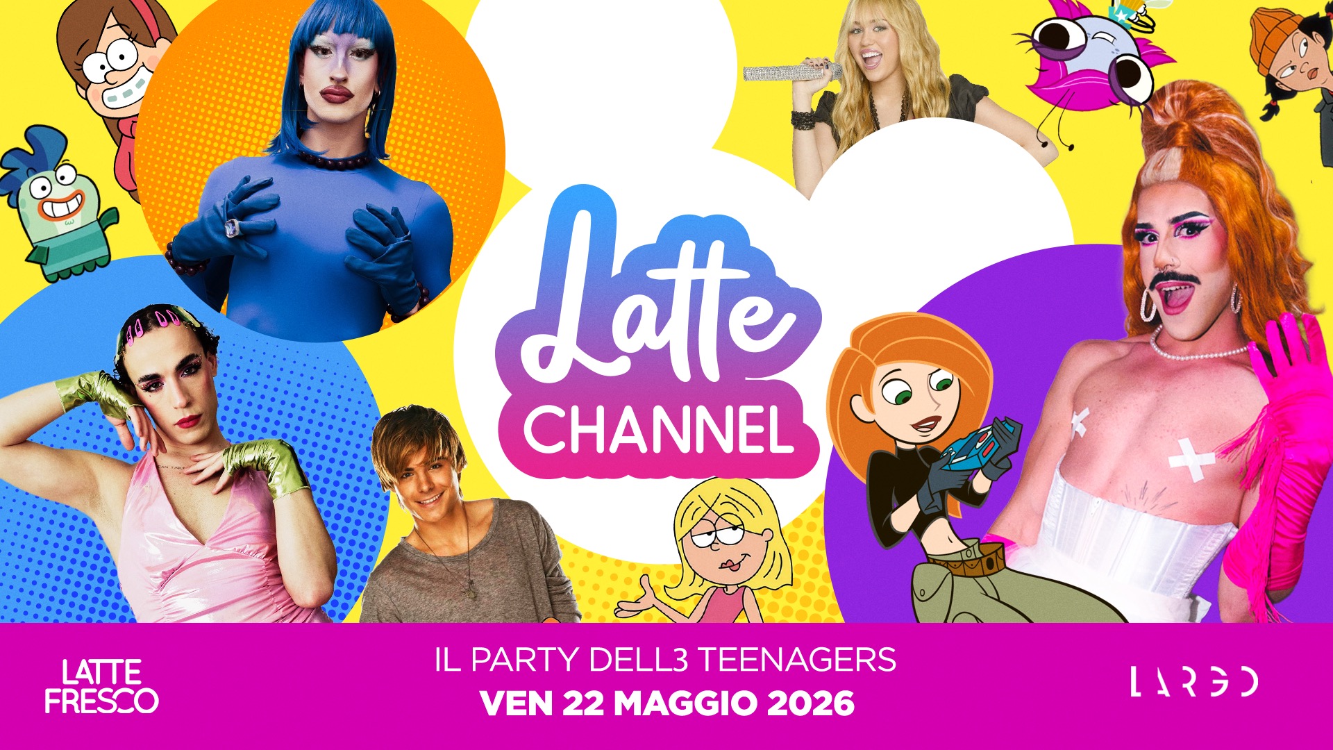Potrebbe essere un'immagine raffigurante televisione e il seguente testo "и Latte CHANNEL LATTE FRESCO IL PARTY DELL3 PARTYDELL3TEENAGERS TEENAGERS VEN 22 MAGGIO 2026 LARG)"