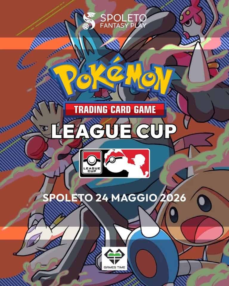 Potrebbe essere un disegno raffigurante videogiochi e il seguente testo "SPOLETO FANTASY PLAY PoKéMoN TRADING CARD GAME IIIIA LEAGUE CUP LEAGUE CИP COP SPOLETO 24 MAGGIO 2026 争 GAMES TIME"