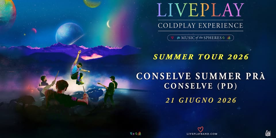 Evento LIVEPLAY – COLDPLAY Experience @Conselve Summer Prà Conselve (PD) Locandina LIVEPLAY – COLDPLAY Experience @Conselve Summer Prà Conselve (PD) - domenica 21 giugno ore 21:00 - 23:00