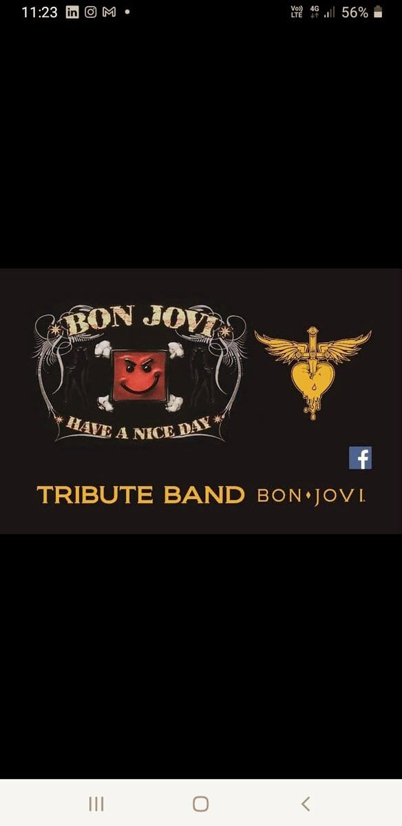 Potrebbe essere un contenuto grafico raffigurante tromba, sassofono e il seguente testo "11:23 0 11:23m0M• M M Vor) 56% BON BONJOV JOVI HAVD A ANICE NICEDAY f TRIBUTE BAND BON.JOVI. TRIBUTEBANDBON.JOVI BON JOVI"