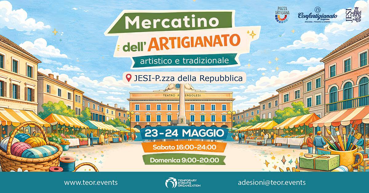 Evento Mercatino dell’artigianato artistico e tradizionale – Jesi Locandina Mercatino dell’artigianato artistico e tradizionale – Jesi - da sabato 23 maggio - domenica 24 maggio 2026 ore 16:00 ore 20:00