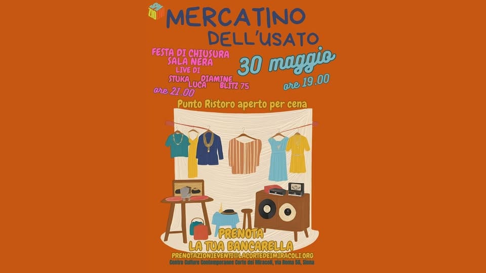 Mercatino dell’usato Potrebbe essere un disegno raffigurante il seguente testo "MERCATINO DELL'USATO FESTA DI CHIUSURA SALA NERA LIVE DI 30 maggio STUKALUDIAMINE STUKA LUCA STUKA...DIAMINE DIAMINE are19.00 .00 ore21.00 00 ore 21 BLITZ75 75 ore Punto Ristoro aperto per cena ਸ਼ੰਰ ትደ レッキ تع PRENOTA LA TUA BANCARELLA PRENOT.ZONEYEITLACOIENT"