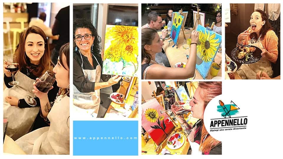 Milano: Girasoli e Van Gogh, un aperitivo Appennello🌻 Potrebbe essere un'immagine raffigurante il seguente testo "www.appennello.com E P| APPENNELLO dipingi una serata divertente"