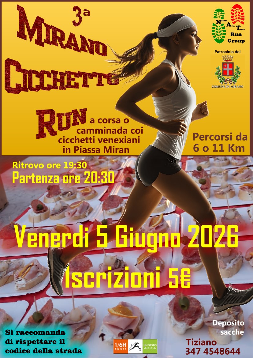 Evento Mirano Cicchetto Run 2026 Locandina Mirano Cicchetto Run 2026 - venerdì 5 giugno ore 20:00 - 22:00
