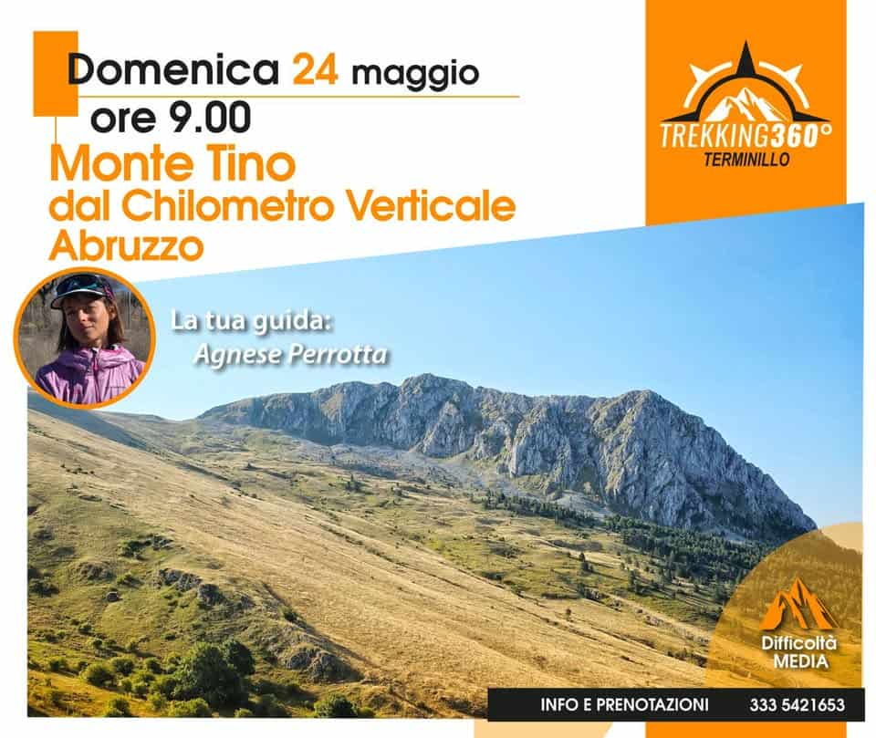 Monte Tino dal Chilometro Verticale – Abruzzo Potrebbe essere un'immagine raffigurante il seguente testo "Domenica 24 maggio ore 9.00 Monte Tino dal Chilometro Verticale Abruzzo YAY TREKKING360° TERMINILLO La tua guida: Agnese AgnesePerrotta Perrotta Al Difficoltà MEDIA INFO E PRENOTAZIONI 333 5421653 542"