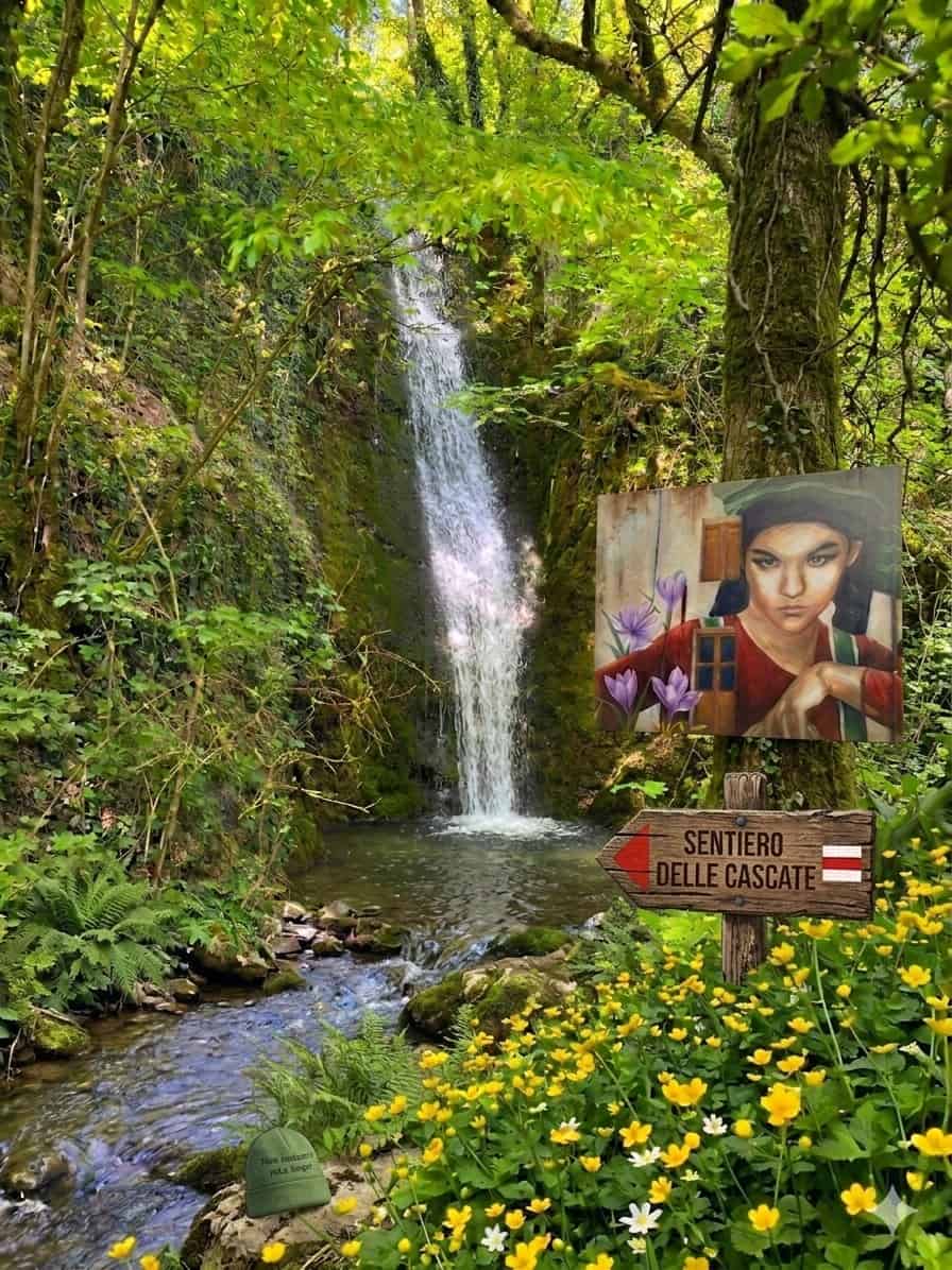 Potrebbe essere un'immagine raffigurante cascata e il seguente testo "生願 TRT SENTIERO ELLECASCATE"