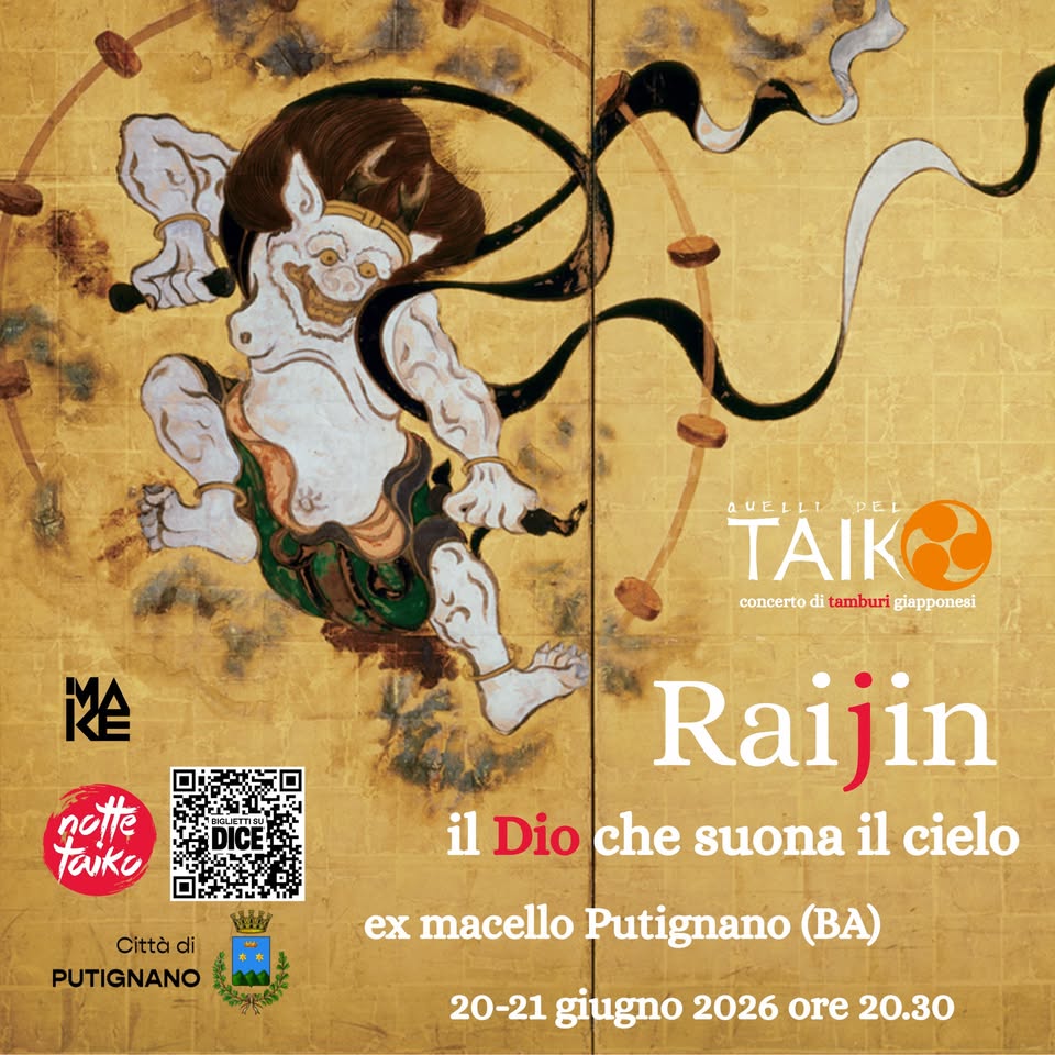 Evento NOTTE TAIKO 2026 JP Raijin il Dio che suona il cielo Locandina NOTTE TAIKO 2026 JP Raijin il Dio che suona il cielo - da sabato 20 giugno - domenica 21 giugno 2026 ore 20:30 ore 23:30
