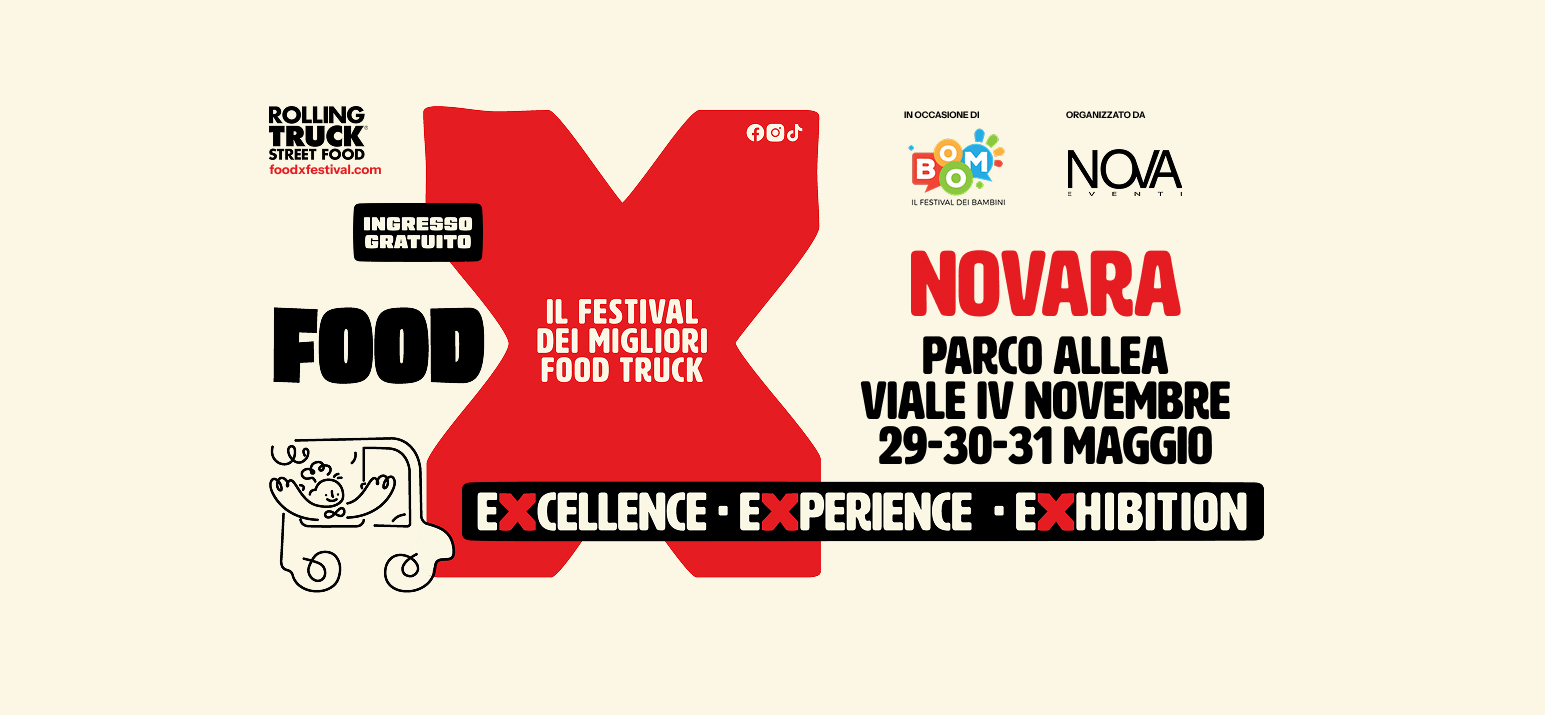 Evento Novara Street Food X 2026 Locandina Novara Street Food X 2026 - da venerdì 29 maggio - domenica 31 maggio 2026 ore 11:00 ore 23:45