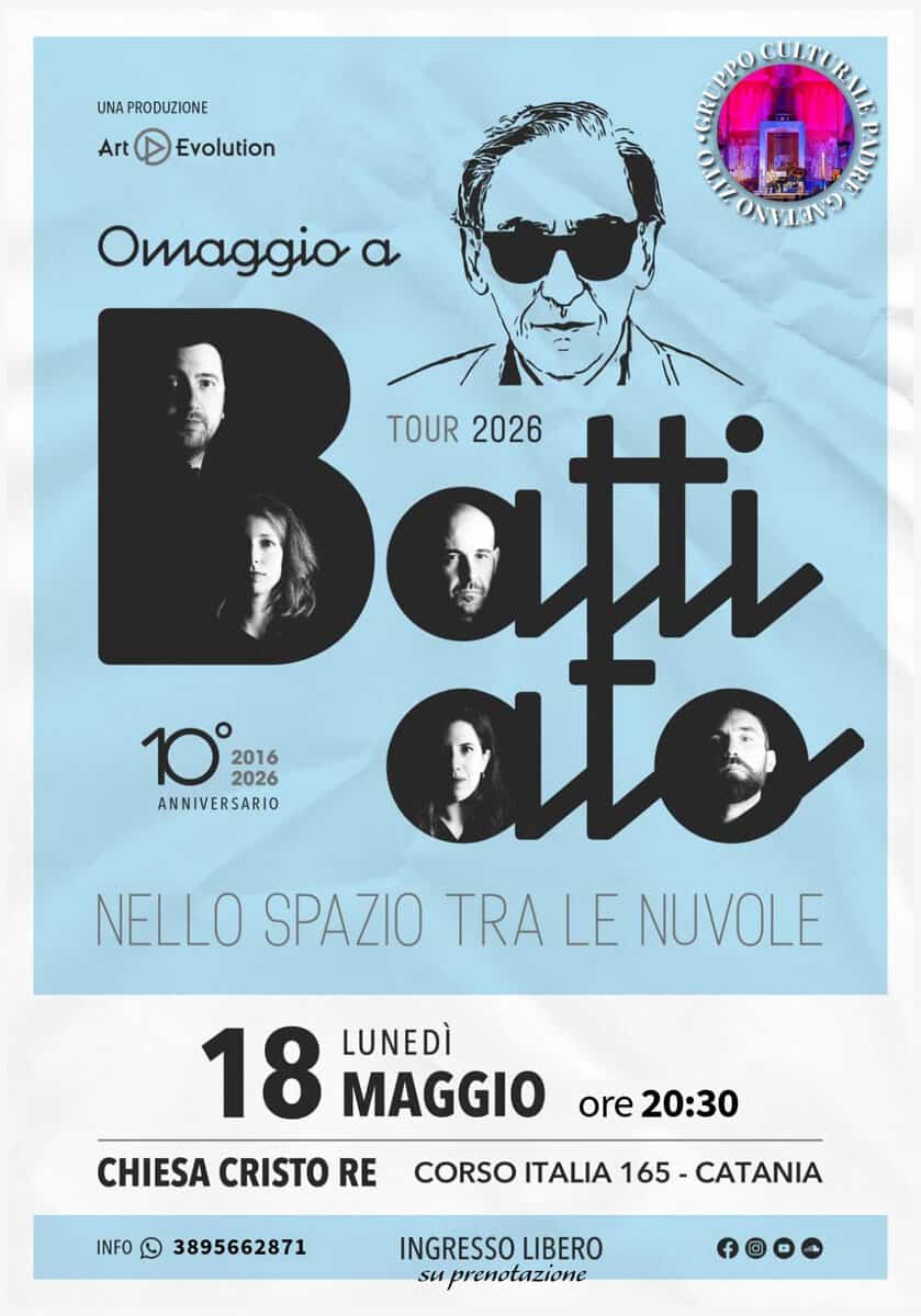 Evento Omaggio a Battiato – nello spazio tra le nuvole Locandina Omaggio a Battiato – nello spazio tra le nuvole - lunedì 18 maggio ore 20:30 - 22:30