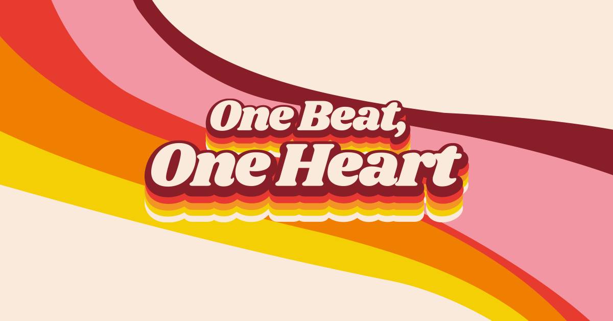 ONE BEAT, ONE HEART – Show musicale anni ‘70 con i Cialtronight Potrebbe essere un'illustrazione raffigurante cuore e il seguente testo "One OneBeat, Beat, One neHeart"