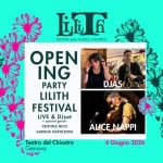 Opening Party Lilith Festival – Djas + Alice Nappi Potrebbe essere un contenuto grafico raffigurante il seguente testo "LmG FESTIVAL della FESTVALdelaMUSICAJ'AUTRICE MUSICA d'AUTRICE DJAS OPEN ING PARTY LILITH FESTIVAL LIVE & DJset special guests CRISTINA NICO SABRINA NAPOLEONE ALICE ALICE,NAPPI NAP Teatro del Chiostro Genova り 4Giugno2026 4 Giugno 2026"