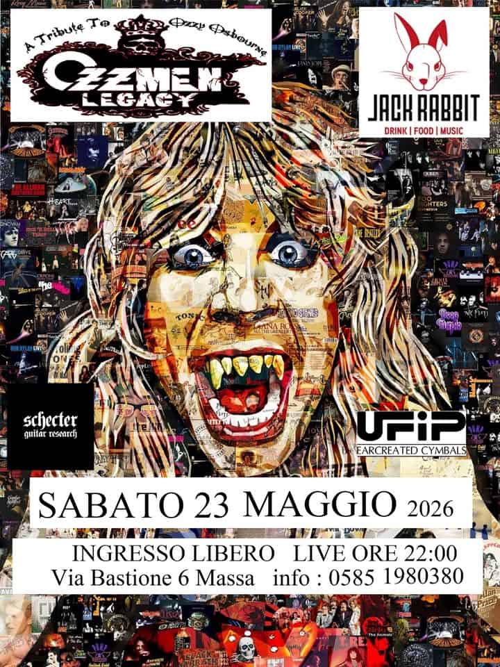 Ozzmen Legacy @ Jack Rabbit Potrebbe essere un contenuto di pop art raffigurante il seguente testo "ትፕዜህ.ዊ ሰው 中z ФpиBoиTKa CEMEM LEGACY UNEO JACK RABBIT DRINK FOOD MUSIC 5 TON ESTNE 쑥중 Aopα Surole sclecter guitar resentrh ETyT UFiP EARCREATED EARCREATEDCYMBALS CYMBALS 4и SABATO 23 MAGGIO 2026 AVI INGRESSO LIBERO LIVE ORE 22:00 Via Bastione 6 Massa info 0585 1980380"