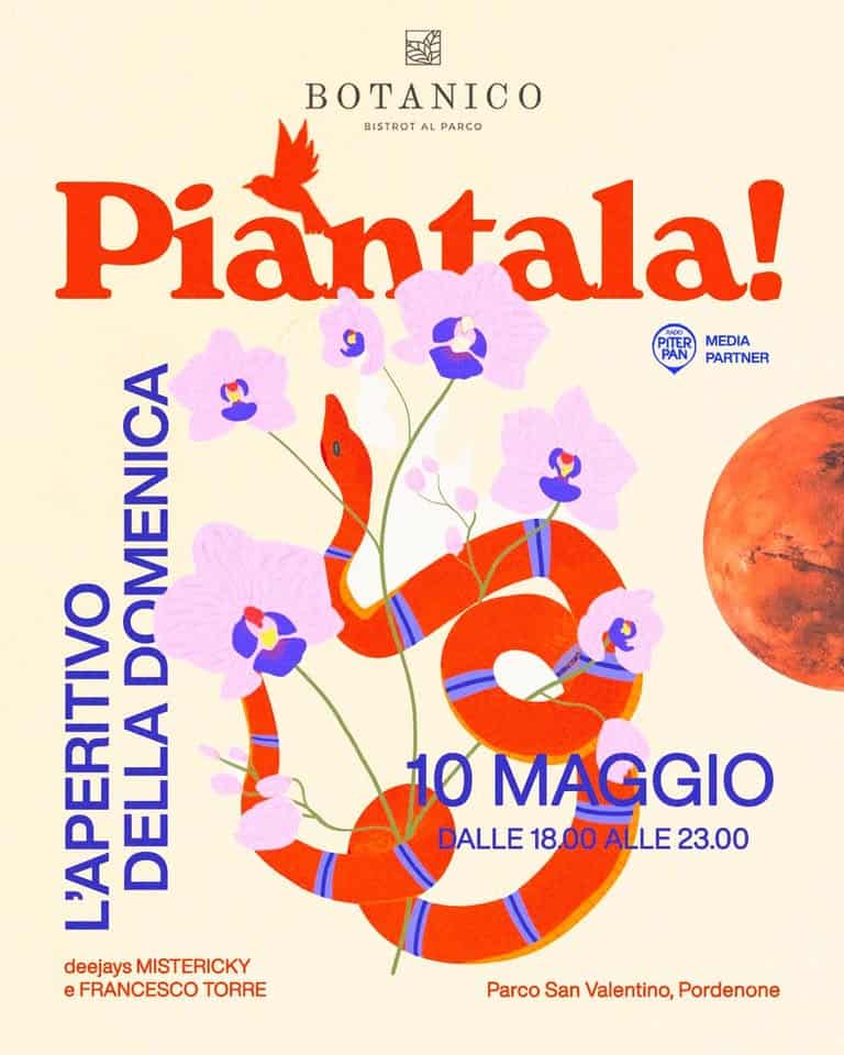 Potrebbe essere un'immagine raffigurante il seguente testo "ME BOTANICO BISTROT AL PARCO Piantala! MADS PAN MEDIA PARTNER .교 리교 DOMENICA L'APERITIVO REL DELLA deejays MISTERICKY eFRANCESCO TORRE 10 MAGGIO DALLE 18.00 ALLE 23.00 Parco San Valentino, SanValentino,Pordenone Pordenone"