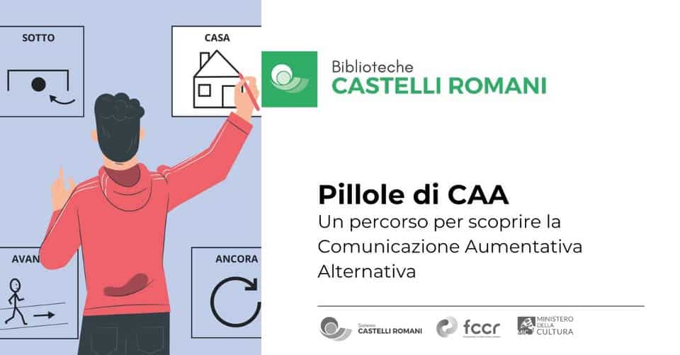 Potrebbe essere un'immagine raffigurante il seguente testo "SOTTO CASA Biblioteche CASTELLI ROMANI AVAN Pillole di CAA Un percorso per scoprire la Comunicazione Aumentativa Alternativa ANCORA C CASTELLI ROMANI fccr m MINISTERO ERO ULTURA"